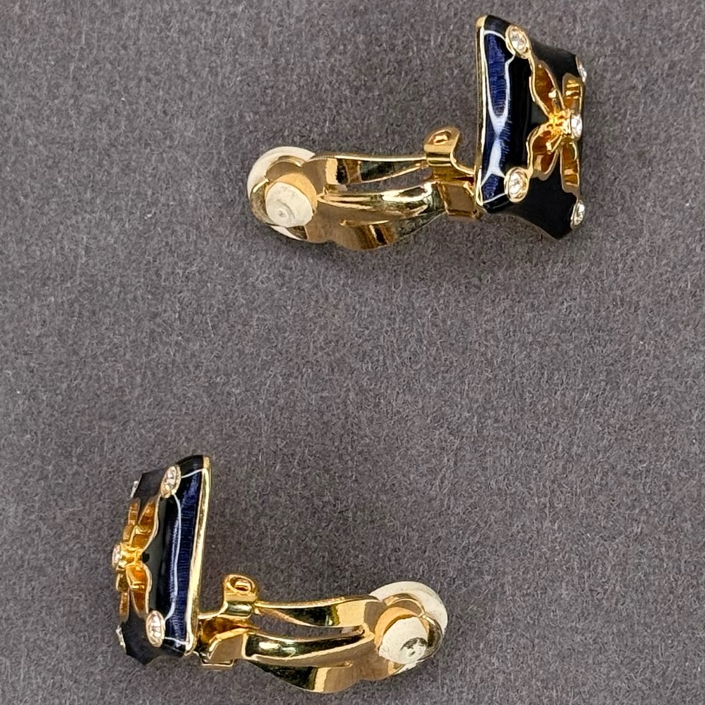 Vintage Swarovski Swan Logo Navy Enamel Gold Floral Crystal Clip-On Earrings - Picture 4 of 7